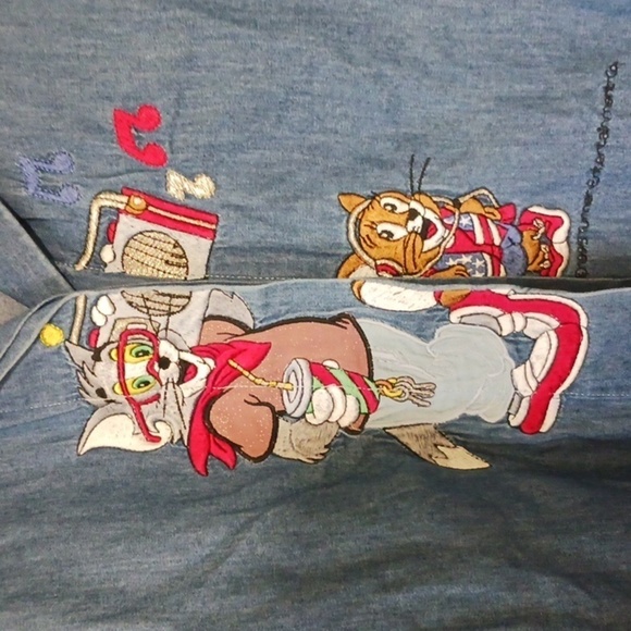 Vintage Segrita by Emmanuel Schvili Tom and Jerry Embroidered Denim Top, Size L - Picture 2 of 9